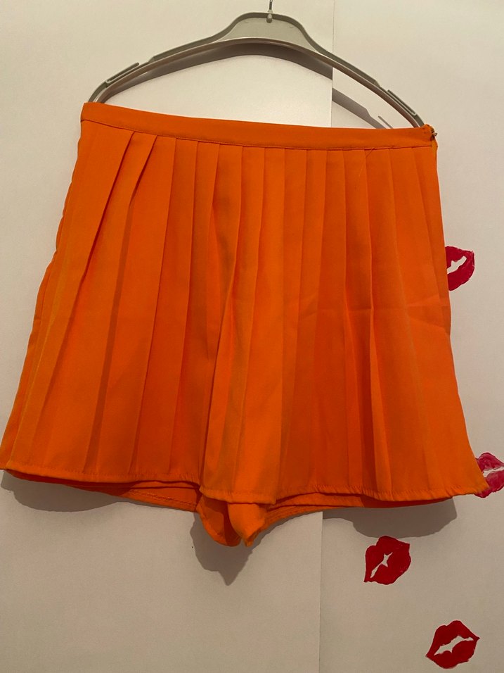Parlak Turuncu Pilili Mini şort Etek - Görsel 2