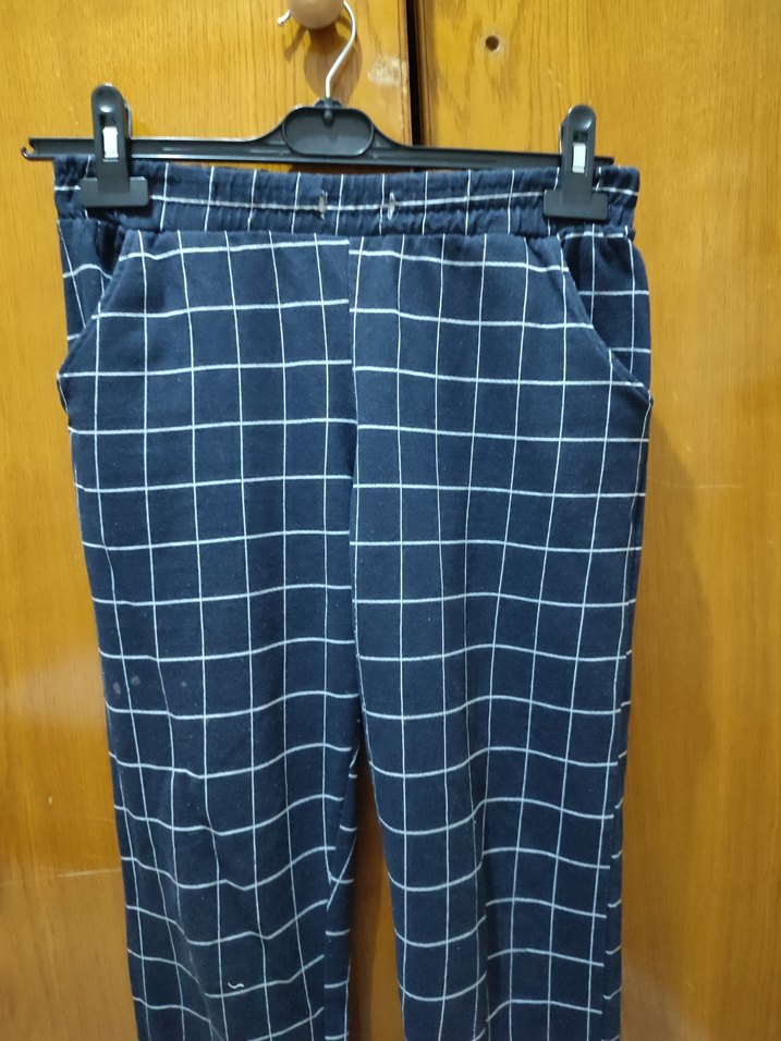 Kadın Mavi Kareli Kemerli Kumaş Pantolon - Görsel 2