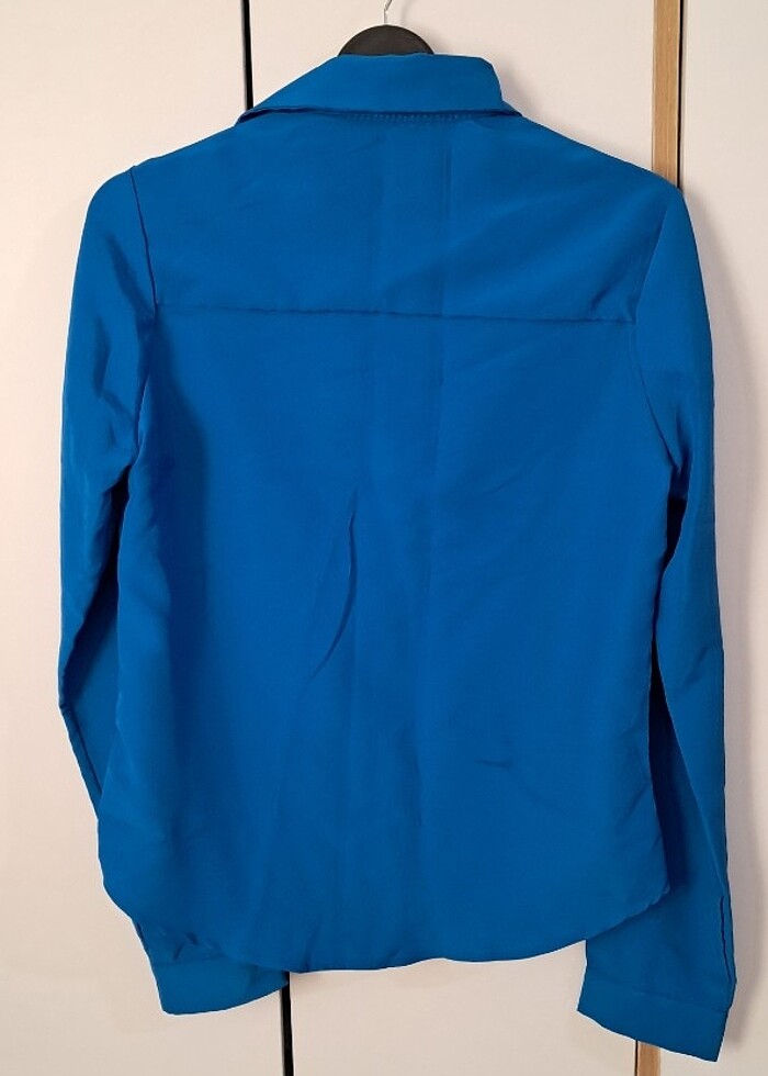 Saks mavi el yapımı makine dikişi pamuk saten gömlek - Görsel 2