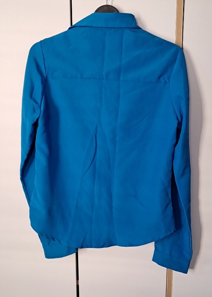 Saks mavi el yapımı makine dikişi pamuk saten gömlek - Görsel 3