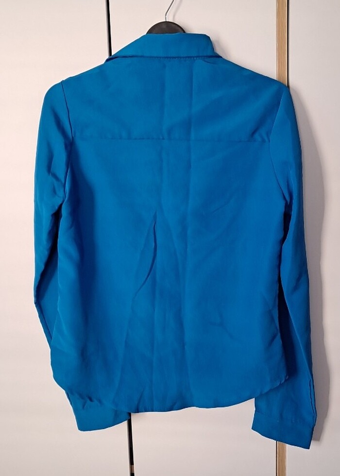 Saks mavi el yapımı makine dikişi pamuk saten gömlek - Görsel 4