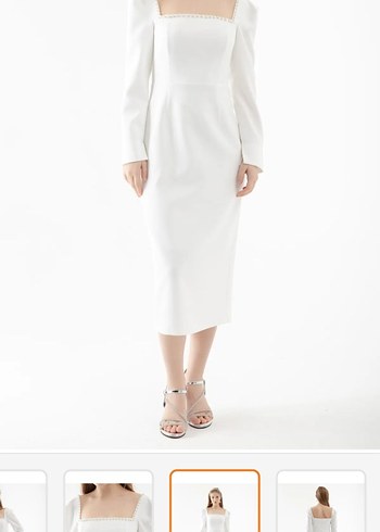 Beyaz Midi  Elbise lafaba marka kare Yaka, Uzun Kollu - Görsel 5