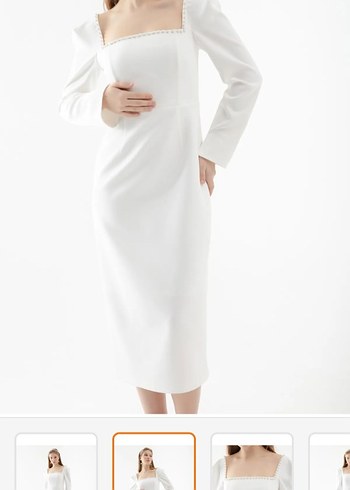 Beyaz Midi  Elbise lafaba marka kare Yaka, Uzun Kollu - Görsel 6