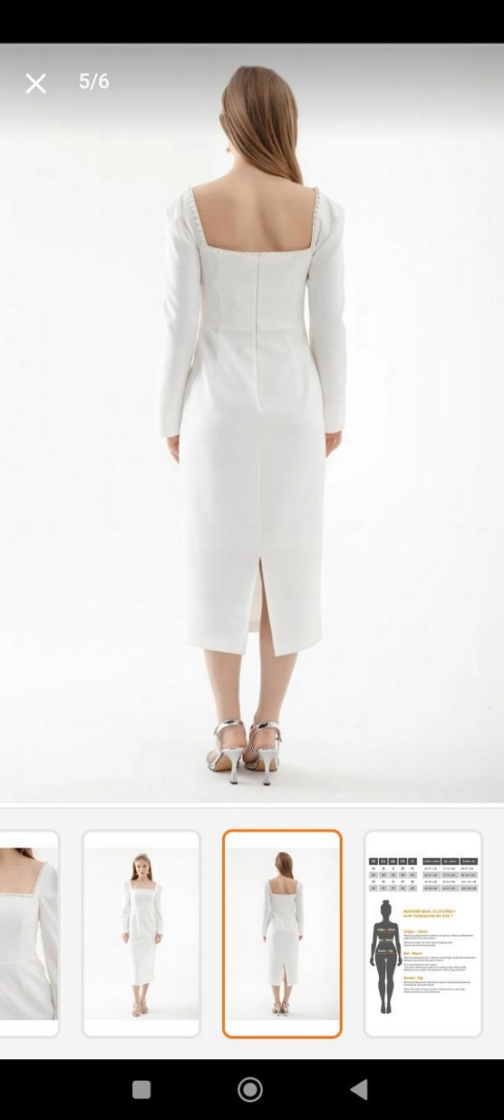 Beyaz Midi  Elbise lafaba marka kare Yaka, Uzun Kollu - Görsel 4