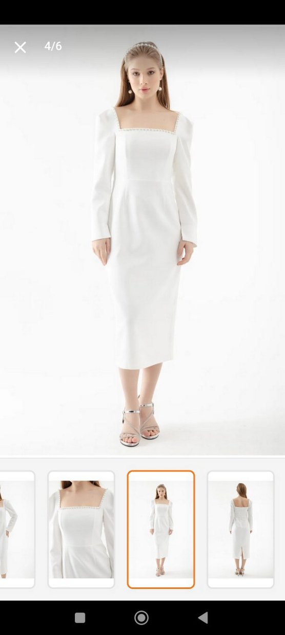 Beyaz Midi  Elbise lafaba marka kare Yaka, Uzun Kollu - Görsel 5