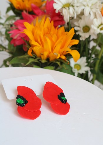 Kırmızı Mini Boncuklu Çiçek Küpeler - Görsel 2