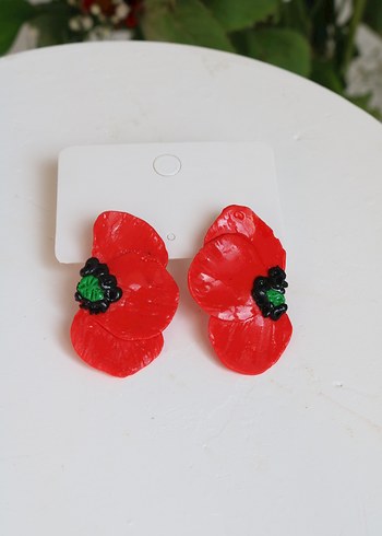 Kırmızı Mini Boncuklu Çiçek Küpeler - Görsel 4