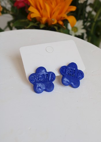 Mavi Mini Düğmeli Çiçek Küpeler - Görsel 6