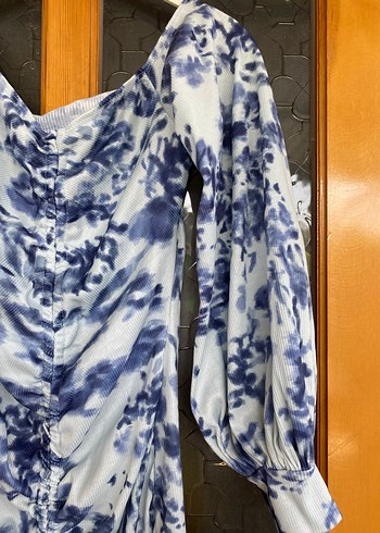 m Beden mavi Renk Mavi Gri Batik Desenli Uzun Kollu Bohem Elbise