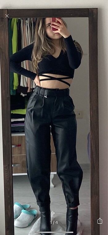 BERSHKA SLOUCHY DERI PANTOLON
