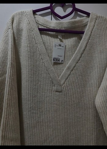 H&M V Yaka Bej Triko lastik örgülü Kadın Elbise - Görsel 4