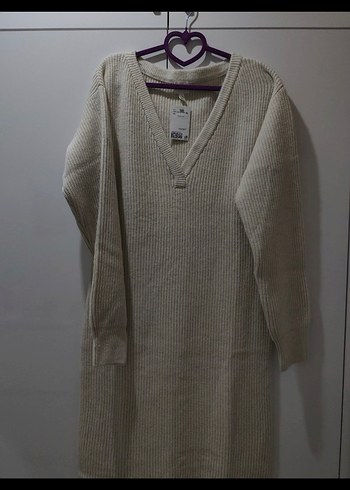 H&M V Yaka Bej Triko lastik örgülü Kadın Elbise - Görsel 6