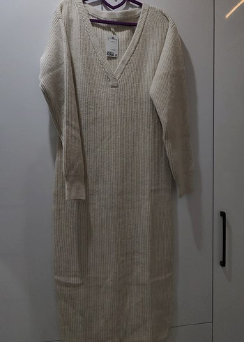 H&M V Yaka Bej Triko lastik örgülü Kadın Elbise - Görsel 2