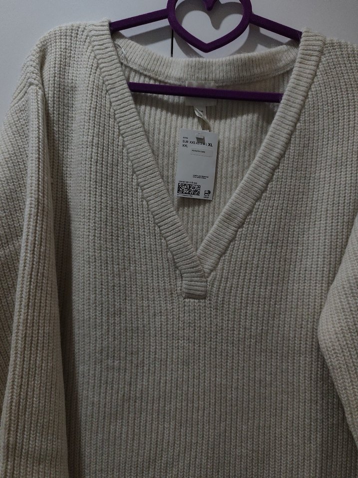 H&M V Yaka Bej Triko lastik örgülü Kadın Elbise - Görsel 5