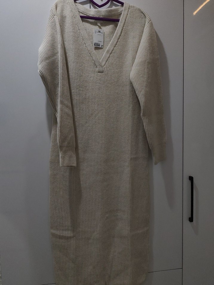 H&M V Yaka Bej Triko lastik örgülü Kadın Elbise - Görsel 2