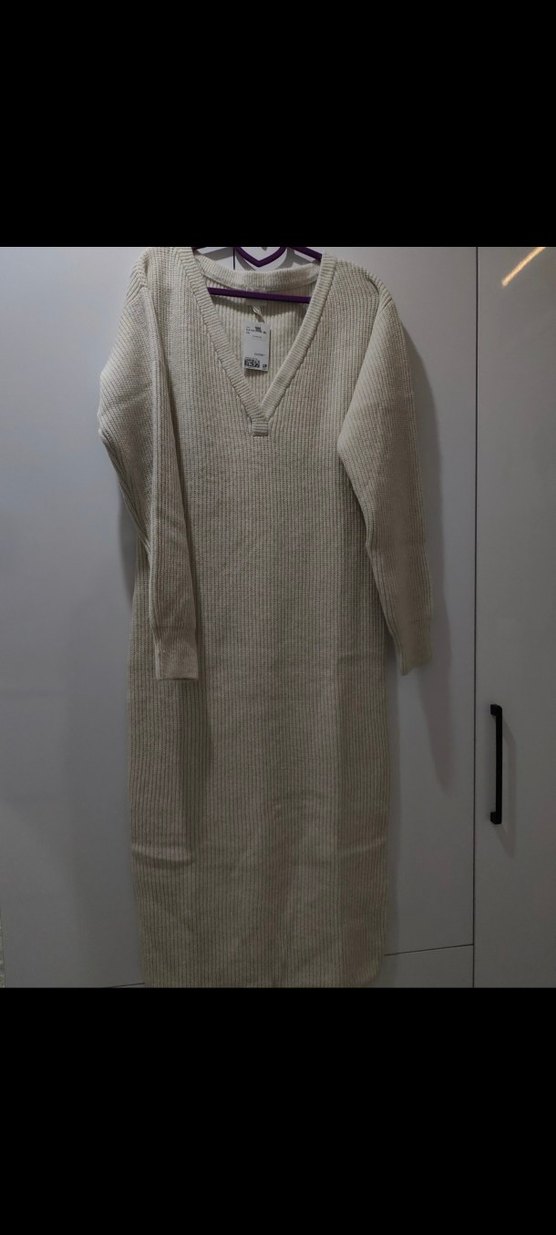 H&M V Yaka Bej Triko lastik örgülü Kadın Elbise - Görsel 3