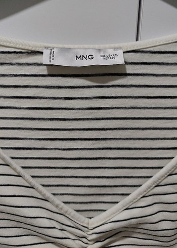 Mango V Yaka Pliseli Gri Çizgili Tişört - Görsel 5