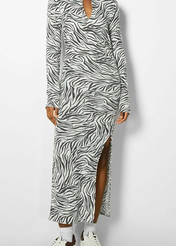 Gri Zebra Desenli Uzun Kollu Uzun Elbise - Görsel 2