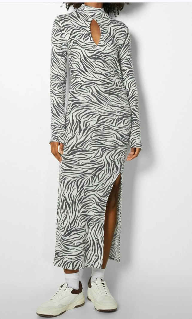Gri Zebra Desenli Uzun Kollu Uzun Elbise - Görsel 2