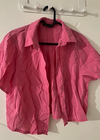 Pembe Keten Düğmeli Kısa Kollu Gömlek