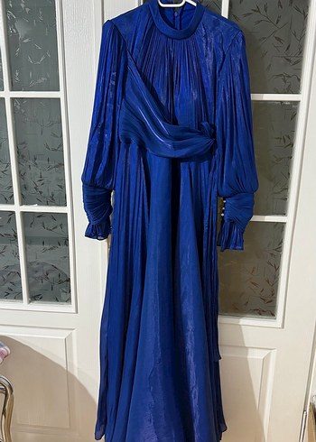 Uzun Kol Drapeli Lacivert Tesettür Abiye - Görsel 3