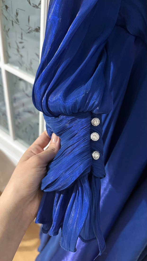 Uzun Kol Drapeli Lacivert Tesettür Abiye - Görsel 5