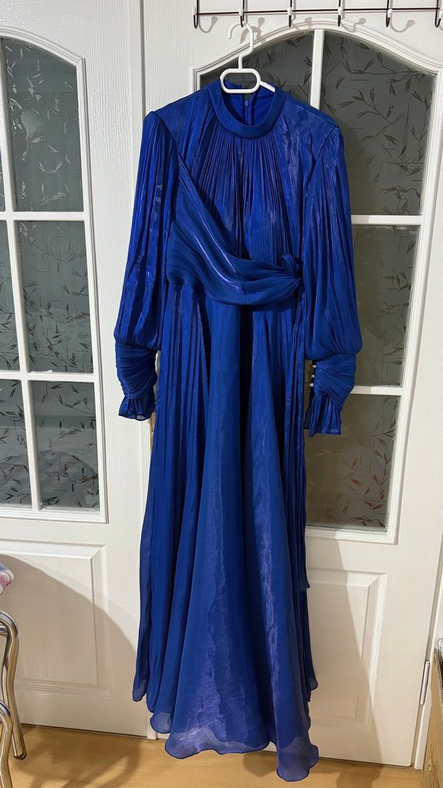 Uzun Kol Drapeli Lacivert Tesettür Abiye - Görsel 3