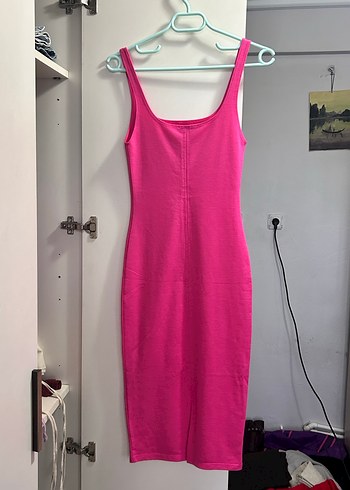 Pembe Midi Sade Kadın Elbise - Görsel 4