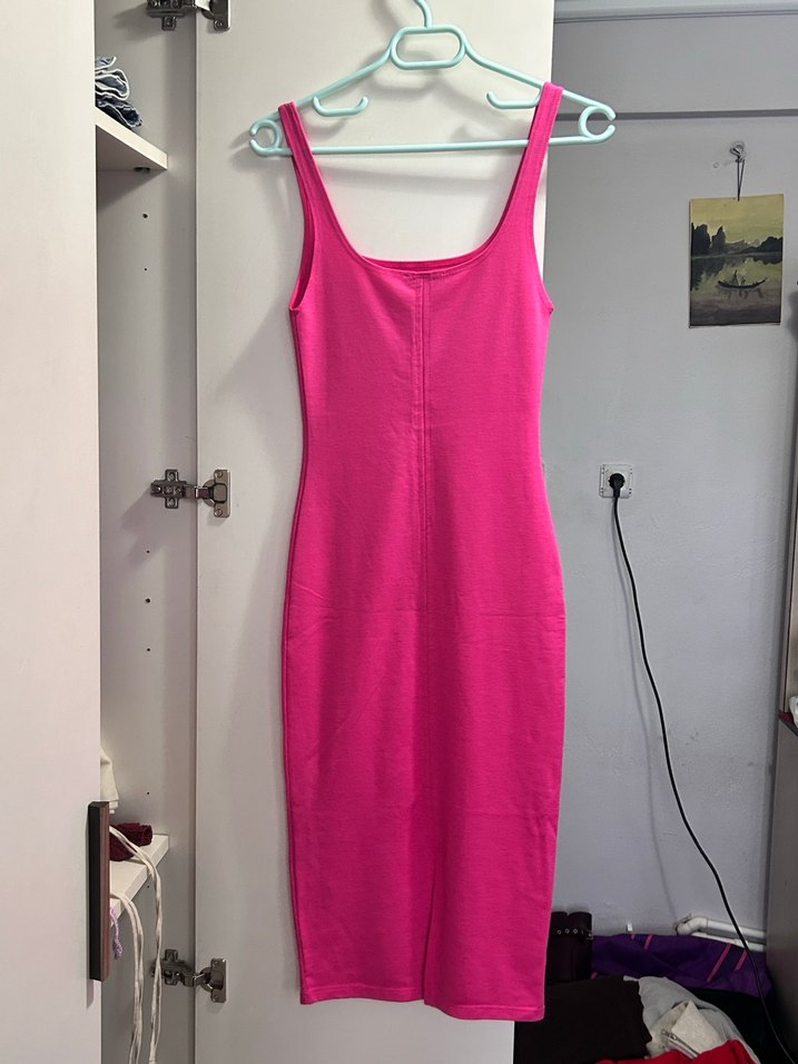 Pembe Midi Sade Kadın Elbise - Görsel 4