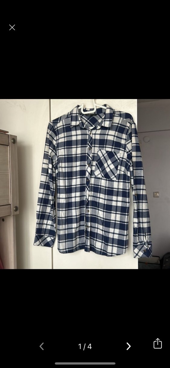 Kadın Mavi Gri Kareli Uzun Kollu Gömlek - Görsel 2