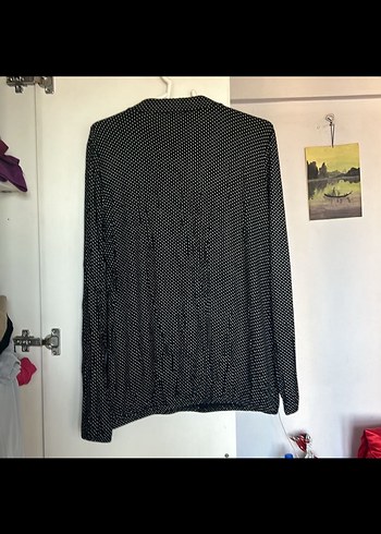 puantiyeli Düğmeli Siyah Uzun Kollu Triko Bluz - Görsel 3