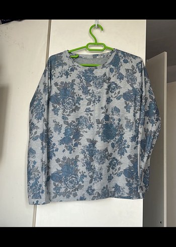 Gri Çiçek Desenli Uzun Kollu Tişört - Görsel 2