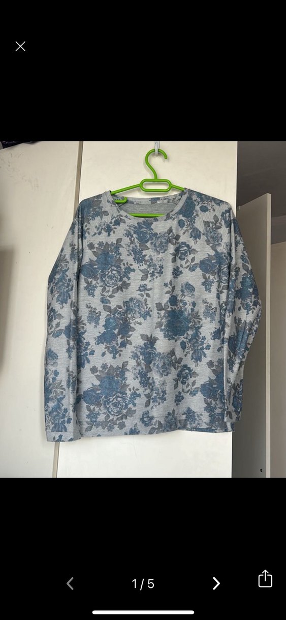 Gri Çiçek Desenli Uzun Kollu Tişört - Görsel 2