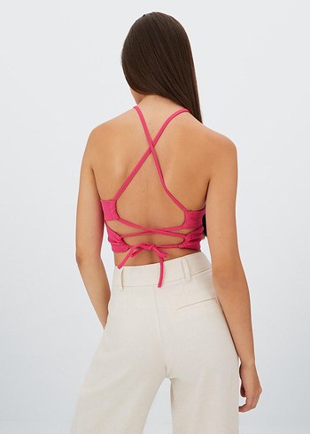 Pembe Halter Yaka İpli Kadın Crop Top - Görsel 3