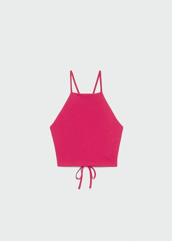 Pembe Halter Yaka İpli Kadın Crop Top - Görsel 2