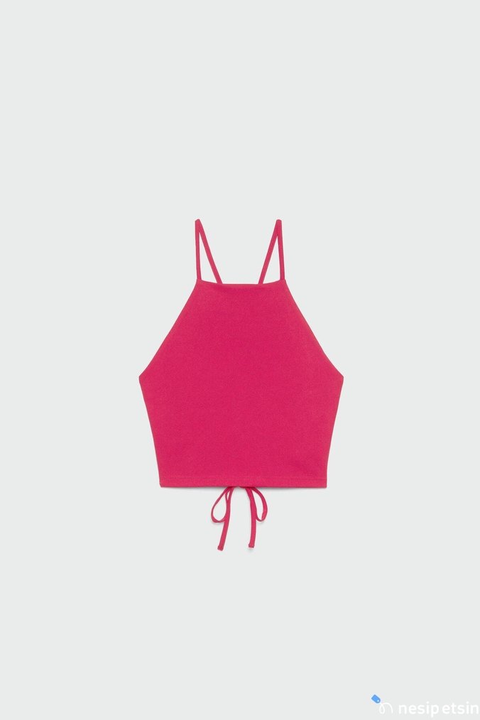 Pembe Halter Yaka İpli Kadın Crop Top - Görsel 2
