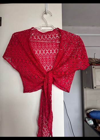 Kırmızı Triko Halter Yaka Bolero - Görsel 2