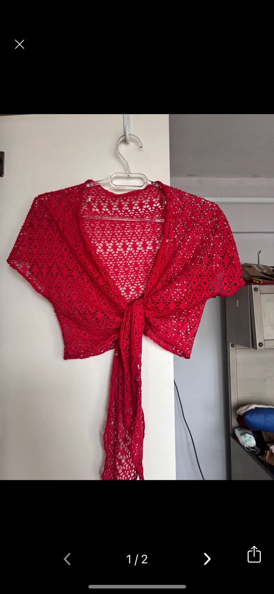 Kırmızı Triko Halter Yaka Bolero - Görsel 2