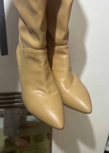 Bej Deri Dizüstü Stiletto Çizme - Görsel 4