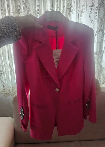 Pembe Uzun Kesim Düğmeli Kadın Blazer takim - Görsel 6