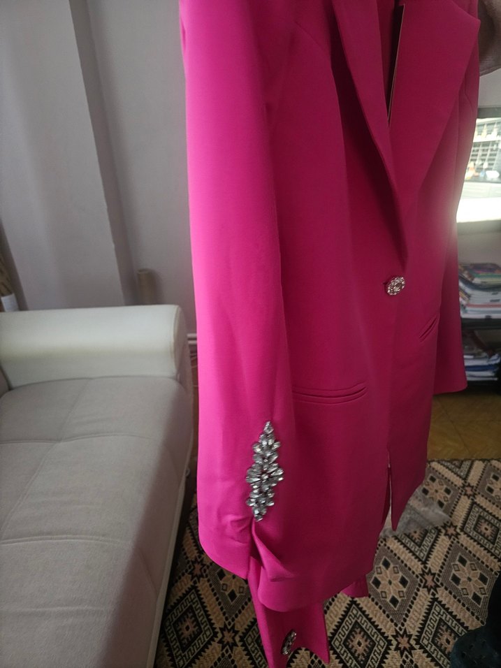 Pembe Uzun Kesim Düğmeli Kadın Blazer takim - Görsel 5