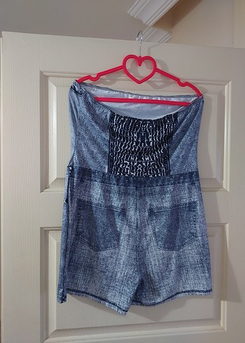 xl Beden Düğmeli Gri Straplez Denim Tulum