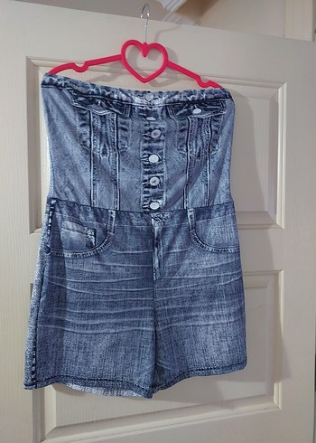 Diğer Düğmeli Gri Straplez Denim Tulum