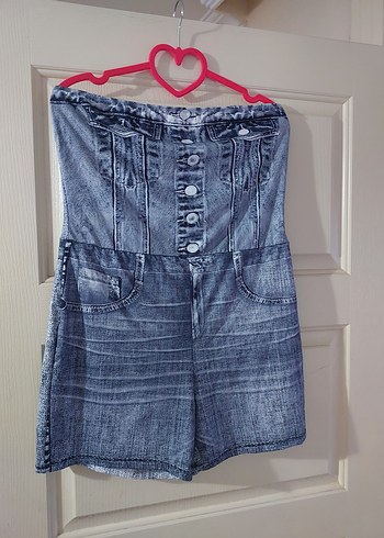 Düğmeli Gri Straplez Denim Tulum
