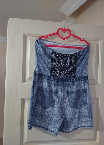 xl Beden gri Renk Düğmeli Gri Straplez Denim Tulum