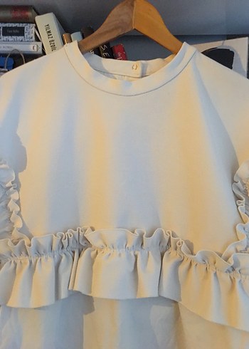 Beyaz Keten Kız Bluzu, Fırfırlı, Uzun Kollu - Görsel 3