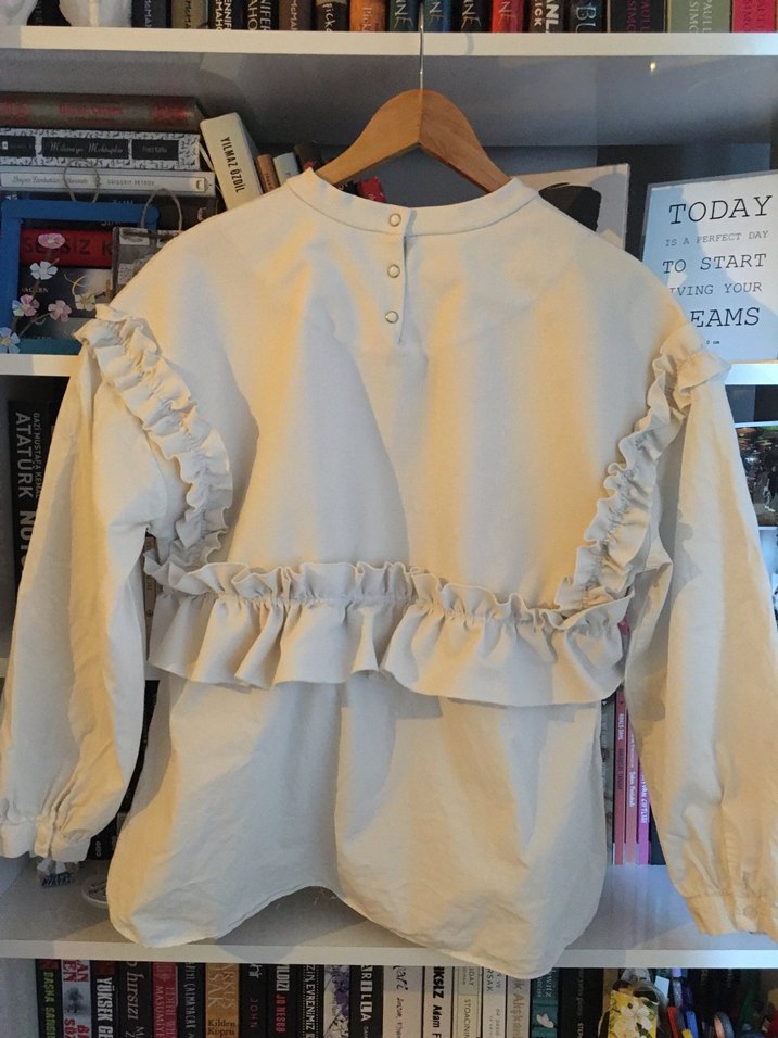 Beyaz Keten Kız Bluzu, Fırfırlı, Uzun Kollu - Görsel 5