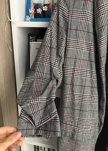 Gri Ekose Desenli Düğmeli Kadın Blazer - Görsel 3