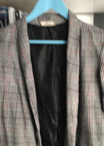 Gri Ekose Desenli Düğmeli Kadın Blazer - Görsel 2