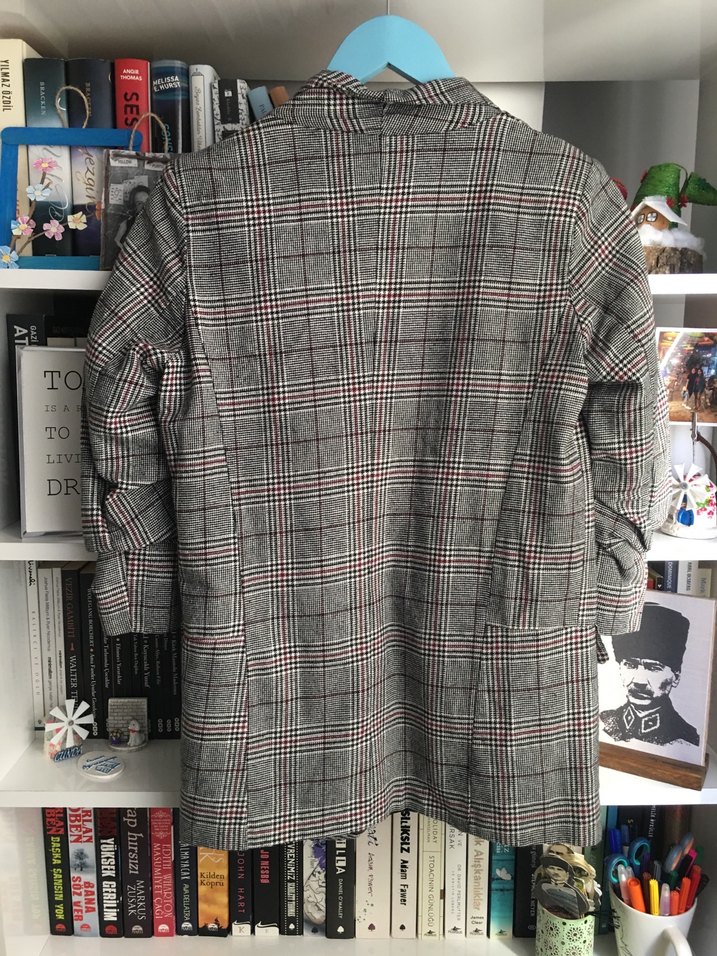 Gri Ekose Desenli Düğmeli Kadın Blazer - Görsel 4